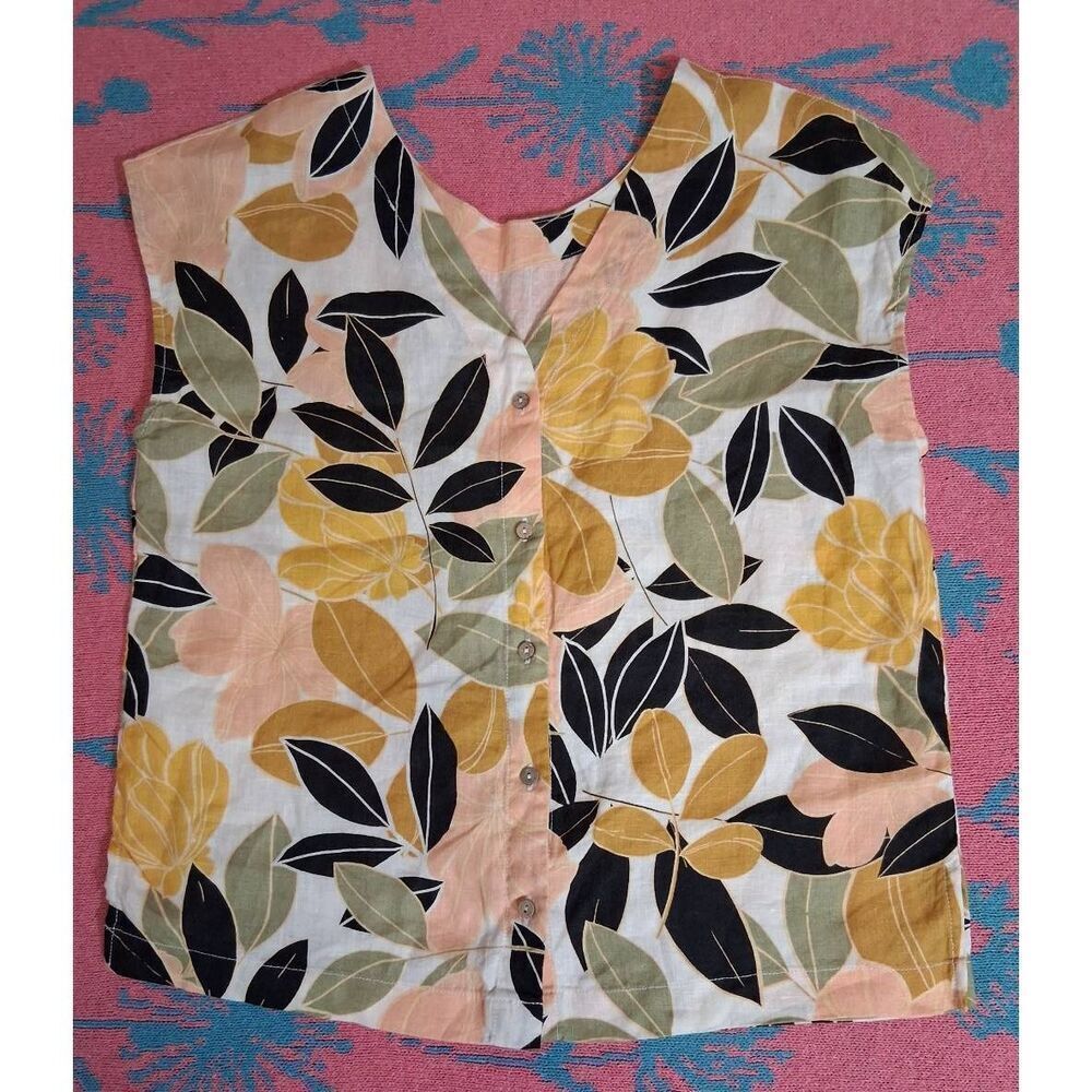 Rachel Zoe womens small 100% linen boxy top mustard yellow green floral blouse - Picture 5 of 8